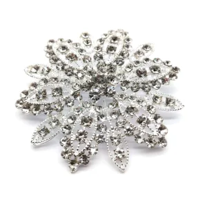 RENSINO Shiny Crystal Flower Brooch Silver Metal Alloy Rhinestone Lapel Pin for Women Luxury Brooches Jewelry Accessories Gifts