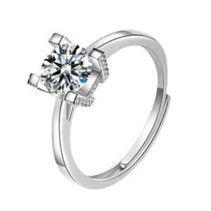 RENSINO Shiny Moissanite Wedding Band Brilliant Round Moissanite Four-Prong Setting Pave Edge Adjustable Sterling Silver Ring for Women