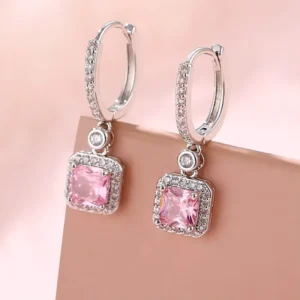 RENSINO Shiny Square Zirconia Earrings Fashion Brass Jewelry Pink Zircon Pendant Drop Hoop Earring Stud For Valentine’s Day