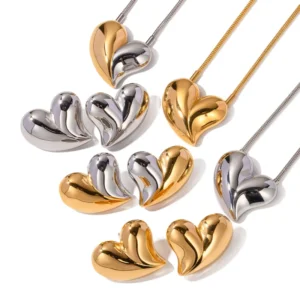 RENSINO Silver 18k Gold Plated Stainless Steel Two Color Heart Charm Pendant Necklace Earrings Set
