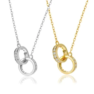 RENSINO Silver 925 18K Gold Plated Women Chain Zircon Necklace Interlocking Double Rings Necklace