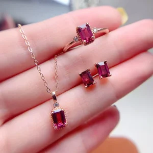 RENSINO Silver 925 Jewelry Rings with Natural Garnet Minimalist Ladies Necklace Earrings Jewelry Set