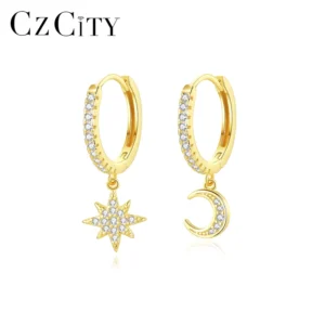 RENSINO Silver 925 Sterling Hoop Cz Dangle 5A Clip On Zirconia Moon And Star Huggie Earrings Gold Plated