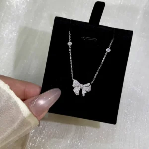 RENSINO Silver Bow Pendant Necklace Women’s Tungsten O chain Clavicle High grade Luxury Elegant Design New Style Leisure