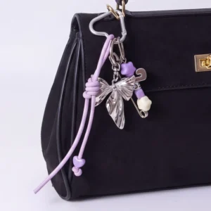 RENSINO Silver Bowknot Bag Charm Purple Beaded Safety Pin Keychain Cute Purse Pendant Accessories For Women Handbag