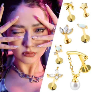 RENSINO Silver CZ Labret Piercing Lip Stud Threaded Earrings Stud Ear Cartilage Body Piercing Jewelry
