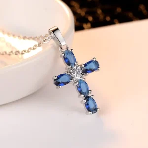 RENSINO Silver Chain Jewelry Men’s Necklace Full Gemstone Sapphire Christian Cross Pendant Necklaces