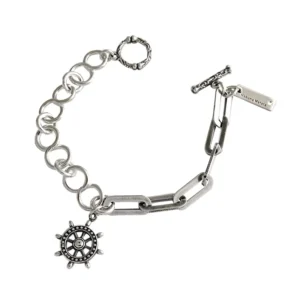 RENSINO Silver Chain Vintage Old Ship’s Wheel Chain S925 Silver Bracelet for Women