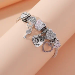 RENSINO Silver Charm Bracelet Bead Crystal Flower Heart Bracelets Bangles Zirconia Diamond Bracelet Fashion Jewelry for Women