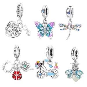 RENSINO Silver Charm Design Flower 925 Sterling Silver Cartoon Butterfly Heart Pendant Charm for Bracelets
