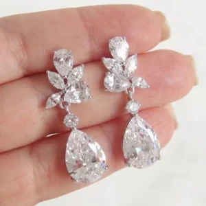RENSINO Silver Color Leaf Zircon Bridal Earring Women 3A Cubic Zirconia Pendant Ladies Drop Earrings CZ