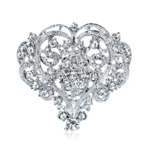 RENSINO Silver Color Plated Heart Rhinestone Zinc Alloy Brooch 56x54mm