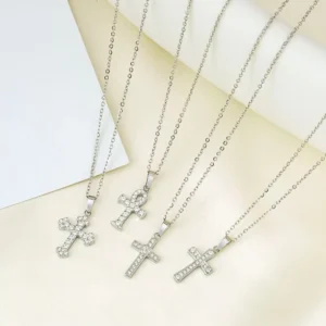 RENSINO Silver Cross Necklace Waterproof Minimalist Jewelry Stainless Steel Jesus Ankh Cross Charm Faith Crucifix Necklace