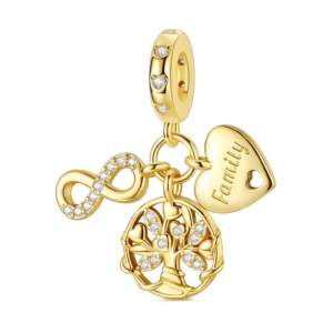 RENSINO Silver Fashion Golden Eternal Family Tree Pendant Charms Fit Charm Bracelet with Zircon Jewelry for Gift