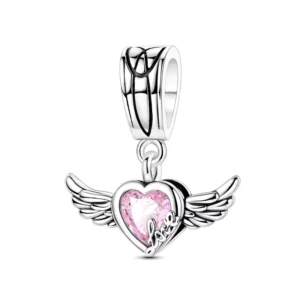 RENSINO Silver Fashion Heart and Wings Pendant Charms with Zircon Fine Jewelry for Women’s Party Gift Design Fit Bracelet