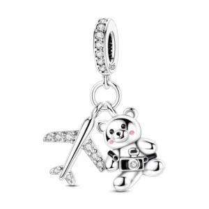 RENSINO Silver Fashion Traveling Little Bear Charm Pendant Fine Charms with Zircon for Women for Children’s Party Gift Jewelry