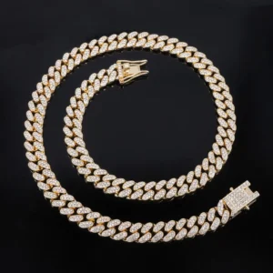 RENSINO Silver Gold Metal Color Plated Hip Hop Iced Out Two Rows Rhinestone with Alloy 10mm Width Cuban Link Chain Necklace