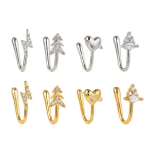 RENSINO Silver Gold Plated Nose Cuff Non Piercing Christmas Tree Zircon Clip Nose Ring for Women Body Jewelry Main Brass