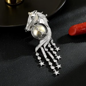 RENSINO Silver Horse Head Brooch with Pearl & Zircon Tassel Elegant Animal Lapel Pin for Women Suit
