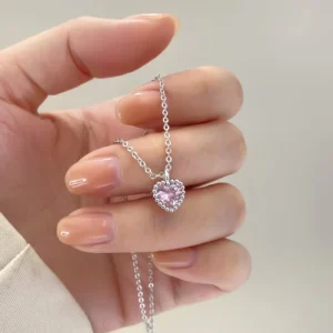 RENSINO Silver Jewelry Heart Charms Necklace 925 Sterling Silver Pink Heart Zircon Pendant Necklace for Women