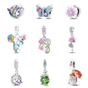 RENSINO Silver Mushroom Butterfly Birth Flowers Charm Bracelet with Zircon for Gift