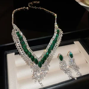 RENSINO Silver Needle Diamond Butterfly Emerald Square Earring Necklace Set