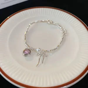 RENSINO Silver Pink Heart Pearl Bowknot Bead Sweet Bracelets Elegant Dainty Charms Jewelry for Women Gift Fashion Cute Bracelets