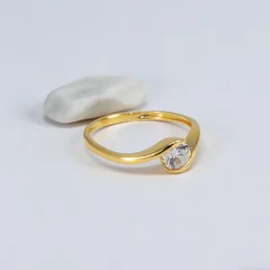 RENSINO Silver Plated 24K Gold Twisted Band Single Diamond Ring