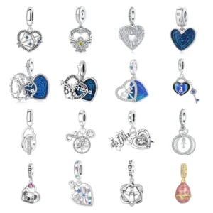 RENSINO Silver Plated Copper Alloy Zircon Heart Charms Love Dangle Beads Custom Bracelet Pendant Necklace Jewelry