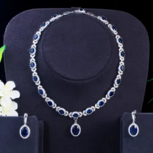 RENSINO Silver Plated Cubic Zirconia Leaf Drop Dark Blue Big Wedding Necklace Women Party Costume Jewelry Set for Brides