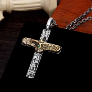 RENSINO Silver Plated Eagle Brass Cross Necklaces Punk Retro Cross Pendant Eagle Carved Flower Vintage Fine Jewelry Pendants for Men