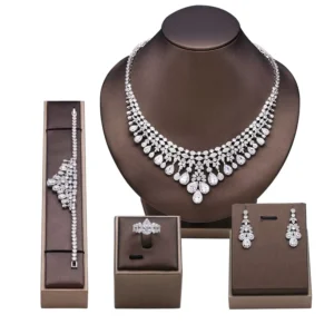 RENSINO Silver Plated Full Diamond Wedding Necklace and Earrings Ring Bracelet Zircon Jewelry Set