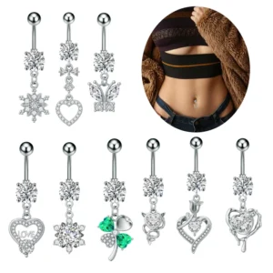 RENSINO Silver Plated Stainless Steel Belly Button Jewelry Heart Butterfly Nail Design Summer Beach Party Zircon Jewelry Weddings