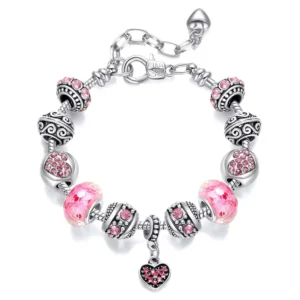 RENSINO Silver Plated Zinc Alloy Snake Chain Pink Rhinestone Beads Bracelet Women Ladies Charm Heart Bangle Jewelry