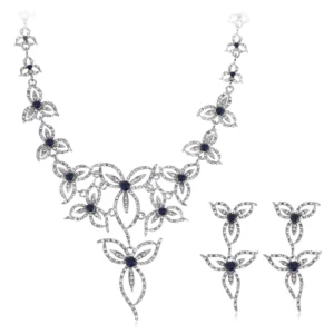 RENSINO Silver Rhinestone Flower Chain Necklace with Oval Designer Pattern Earrings Vintage Pearls