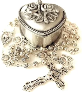 RENSINO Silver Rose Beads Catholic Rosary case Cross Gift Box Crucifix Cross
