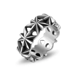 RENSINO Silver Tone Stainless Steel M Word Flower Signet Ring Thick Hip Hop Rock Fine Jewelry for Women and Men