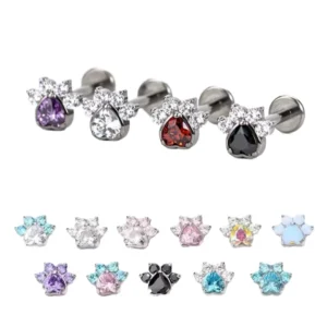RENSINO Silver Zircon Cat Paw Piercing Ear Stud Labret Internally Lip Ring Body Piercing Jewelry