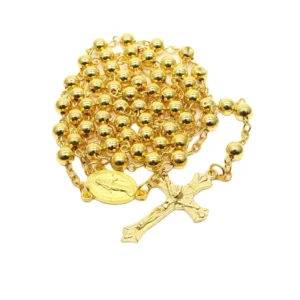 RENSINO Silver and Gold Plated Brass Prayer Beads Crucifix Cross Catholic Virgin Mother Mary Rosary Necklace for Women