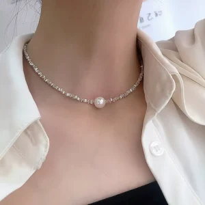 RENSINO Silver and Pearl Clavicle Necklace for Women Unique Design Elegant Trendy Simple and Versatile