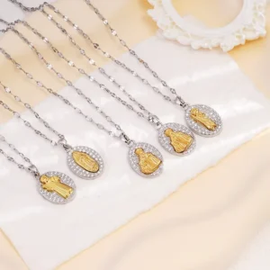 RENSINO Silver&Gold Tone Catholic Pendant Necklace Zircon Stainless Steel Jewelry Virgin Mary Religious Necklaces Prayer Gifts