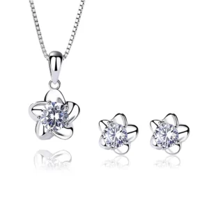 RENSINO Simple 925 Sterling Silver Jewelry Prevent Allergy Cubic Zirconia Flower Jewelry Set for Women