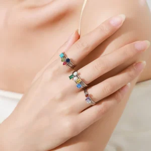RENSINO Simple 925 Sterling Silver Platinum Plated 12 Month Birthstone Stackable Opening Zircon Gemstone Fine Jewelry Engagement Wedding
