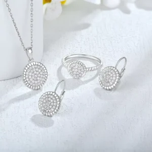 RENSINO Simple 925 Sterling Silver Ring Necklace And Earrings Geometric Round Zirconia Fashion Jewelry Set For Women