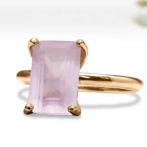 RENSINO Simple Big Stone Designs Silver 14k Gold Natural Crystal Rose Quartz Ring