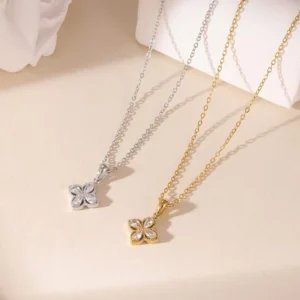 RENSINO Simple Clover Rotating Zircon Charm Stainless Steel Gold Plated Pendant Necklace for Women