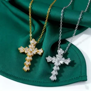 RENSINO Simple Copper Cross Pendant Necklace with Link Chain 18K Gold Plated Cubic Zirconia Religious Jewelry for Women
