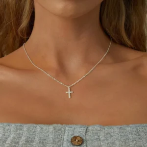 RENSINO Simple Dainty Stainless Steel Cross Pendant with Cute Diamond Religious Zircon Jewelry Necklace for Anniversary Gold Accent