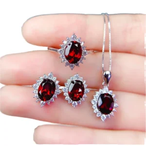 RENSINO Simple Design 925 Sterling Silver 18K Gold Plated Cut Natural Garnet Fine Fashion Jewelry Set for Women Wedding Gift Party