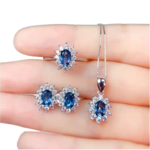 RENSINO Simple Design 925 Sterling Silver 18K Gold Plated Cut Natural London Topaz Fine Fashion Jewelry Set for Women Wedding Gift Party